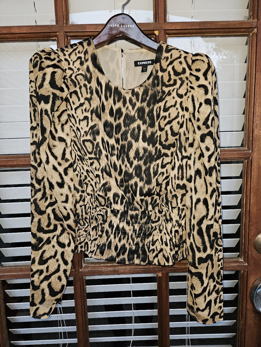 Express Leopard Print Long Sleeve Blouse - Tan & Black